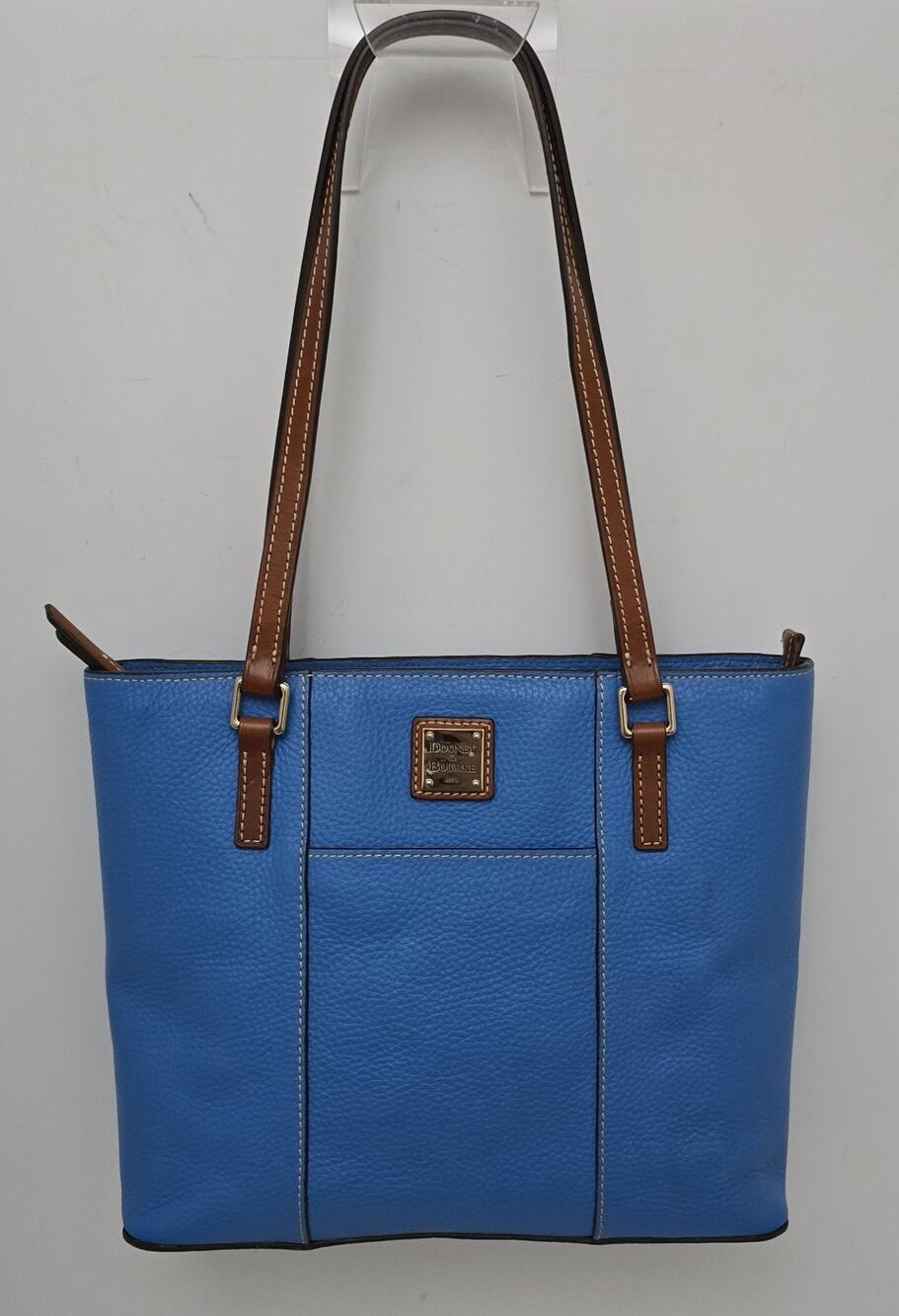 Dooney & Bourke Lexington Tote Sky Blue Pebbled Leather Shoulder Bag Tan Trim